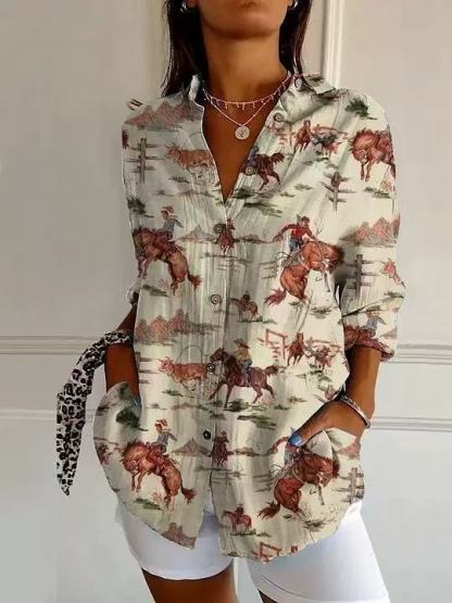 Women's Western Cowboy Print Blouse - V-Neck Tie Waist Rolled Sleeve Loose Fit Cactus Horse Rodeo Graphic Button Down Shirt