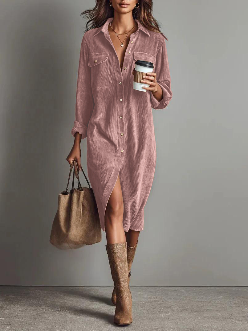Solid Color Corduroy Long-sleeved Dress With Collared Shirt, Loose Long Dress