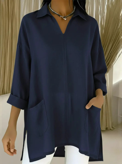 Women's Oversized V-Neck Collared Blouse - Relaxed Fit Longline Shirt with Side Pockets & Slits (7 Colors: Red/Orange/White/Blue/Purple/Light Blue/Navy)