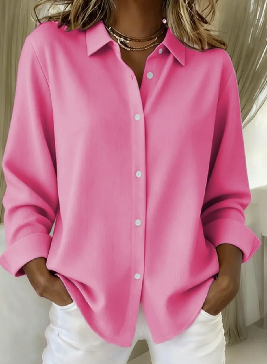 Women's Loose Fit Collared Button-Front Blouse - Lightweight Smooth Fabric Roll-Up Long Sleeves Casual Office Top (Available in Multiple Colors)