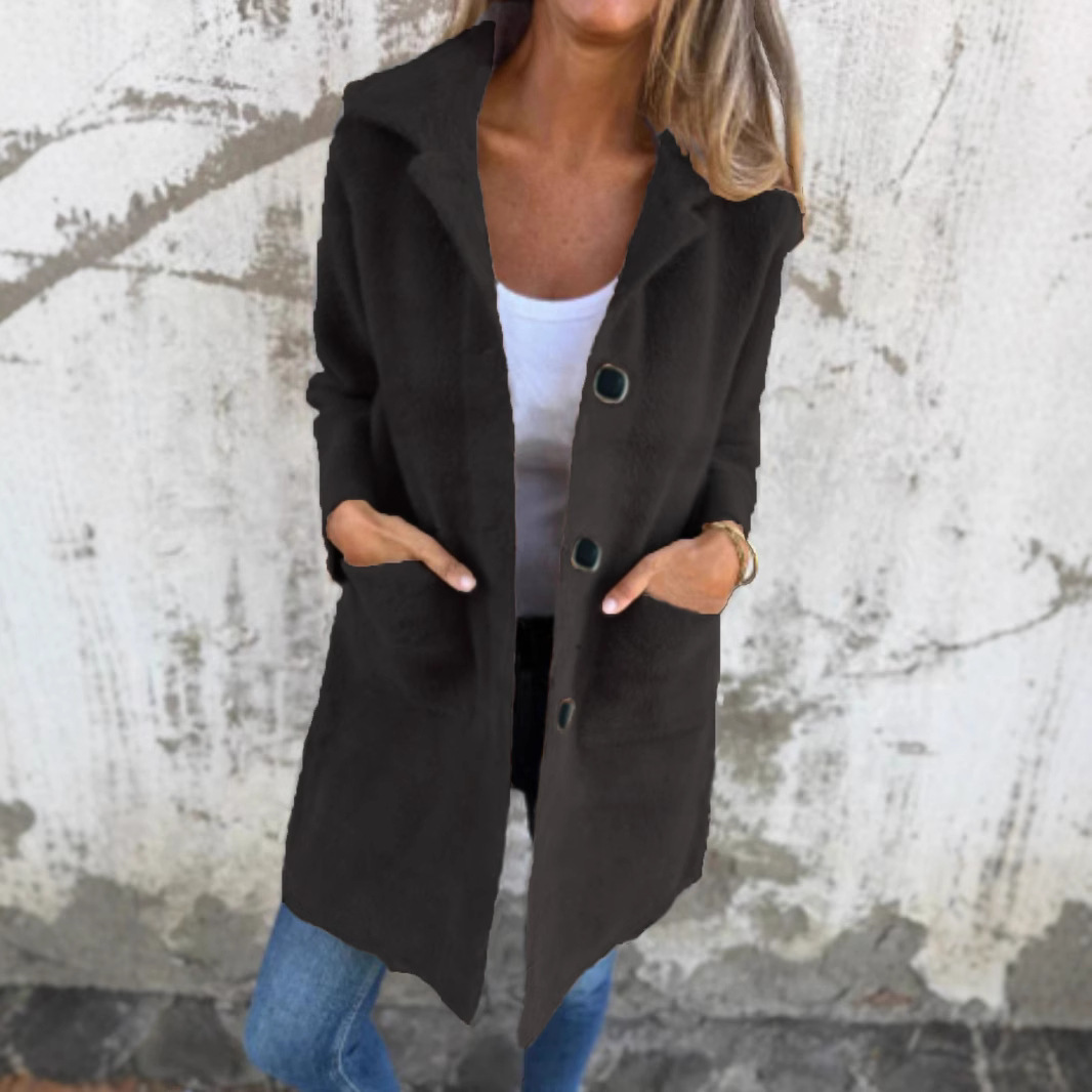 Women's Solid Color Lapel Pocket Cardigan - Single-Breasted Mid-Length Coat (Available in Blue, Camel, Apricot, Coffee, Orange, Pink, Black, Gray)