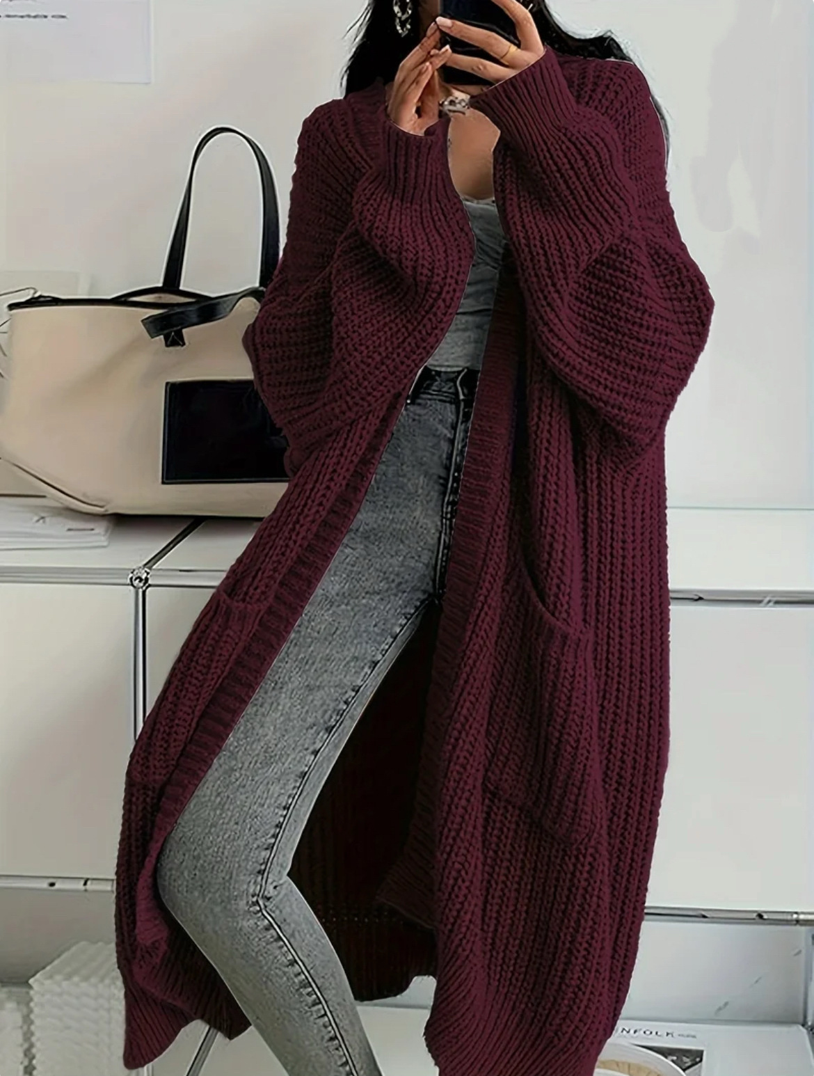 Women's New Long Slouchy Knit Cardigan Coat Autumn Winter Solid Color Loose Versatile Long Sleeve Outerwear