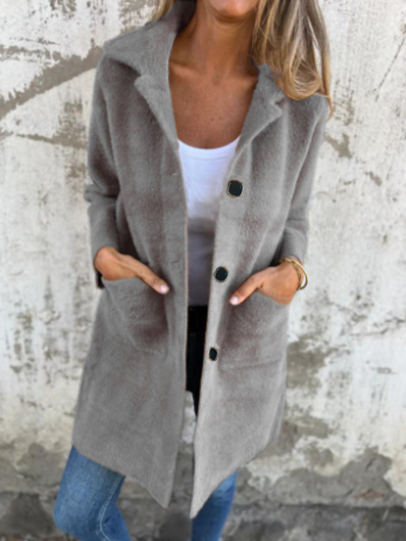 Women's Solid Color Lapel Pocket Cardigan - Single-Breasted Mid-Length Coat (Available in Blue, Camel, Apricot, Coffee, Orange, Pink, Black, Gray)