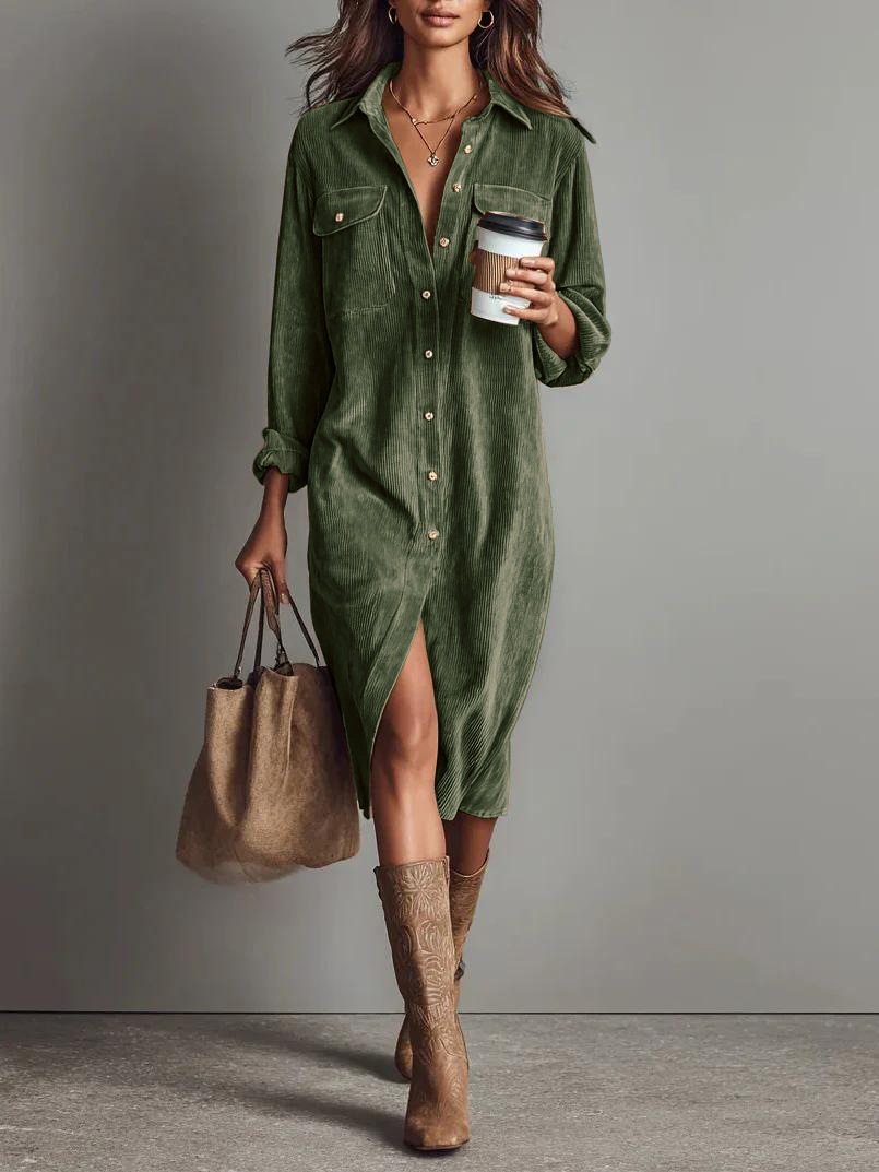 Solid Color Corduroy Long-sleeved Dress With Collared Shirt, Loose Long Dress