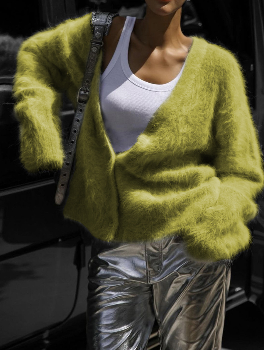 Women's Spring Autumn Faux Mink Cardigan - Lazy Style Loose Soft Long Sleeve Knit Sweater Coat - Available in Off-White, Dark Gray, Light Gray, Black, Khaki, Pink, Caramel, Yellow, Mustard Green, Dark Brown & Burgundy