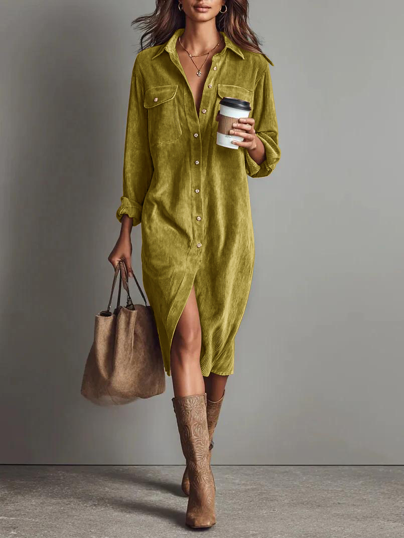 Solid Color Corduroy Long-sleeved Dress With Collared Shirt, Loose Long Dress