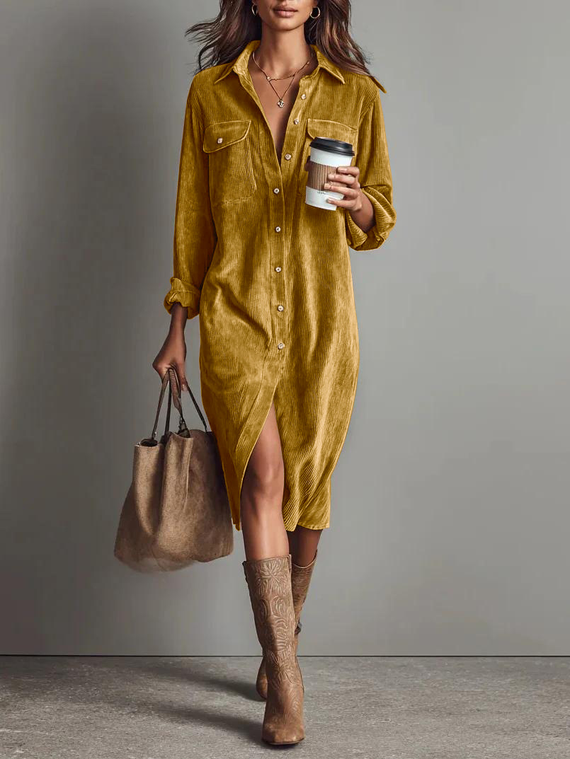 Solid Color Corduroy Long-sleeved Dress With Collared Shirt, Loose Long Dress