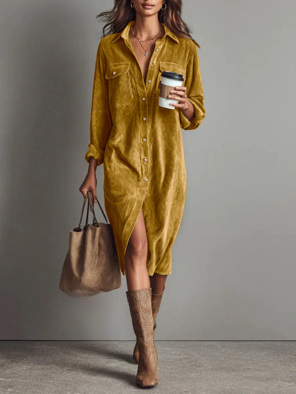Solid Color Corduroy Long-sleeved Dress With Collared Shirt, Loose Long Dress
