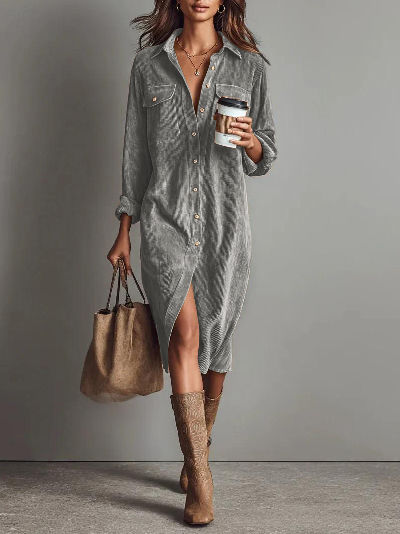 Solid Color Corduroy Long-sleeved Dress With Collared Shirt, Loose Long Dress