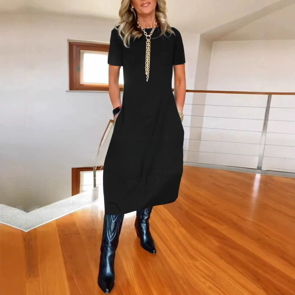 Fall & Winter New Arrival Women's Versatile Solid Color Loose Crew Neck Short Sleeve Dress - Available in Black, White, Burgundy, Green, Brown, Navy Blue & Gray