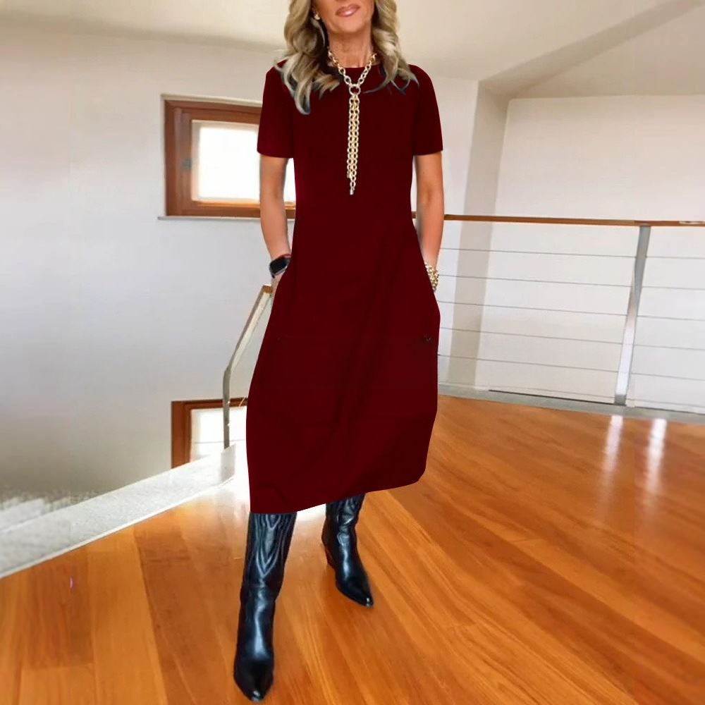 Fall & Winter New Arrival Women's Versatile Solid Color Loose Crew Neck Short Sleeve Dress - Available in Black, White, Burgundy, Green, Brown, Navy Blue & Gray