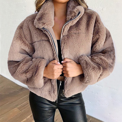 Faux Fur Zip Cardigan Warm Plush Jacket