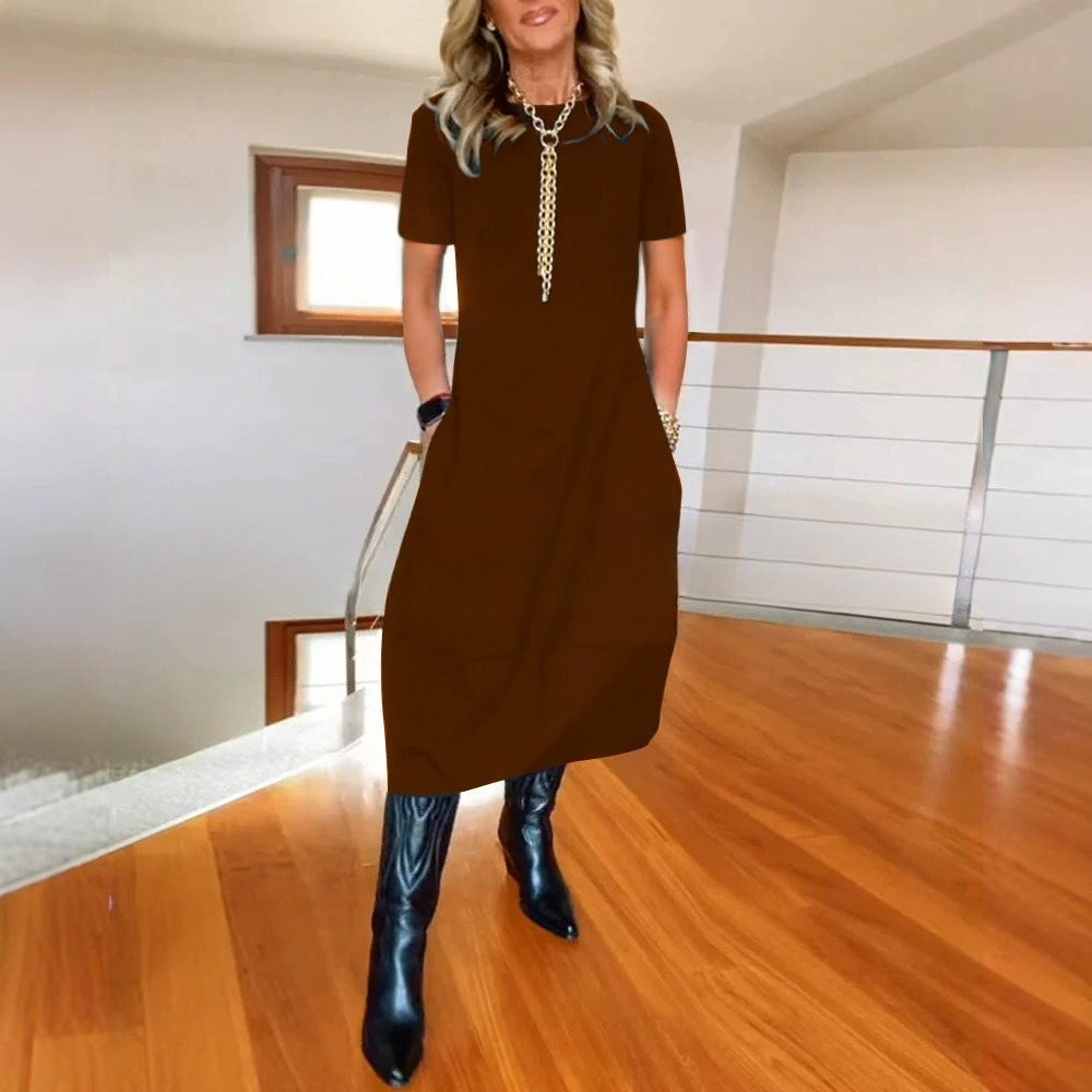 Fall & Winter New Arrival Women's Versatile Solid Color Loose Crew Neck Short Sleeve Dress - Available in Black, White, Burgundy, Green, Brown, Navy Blue & Gray