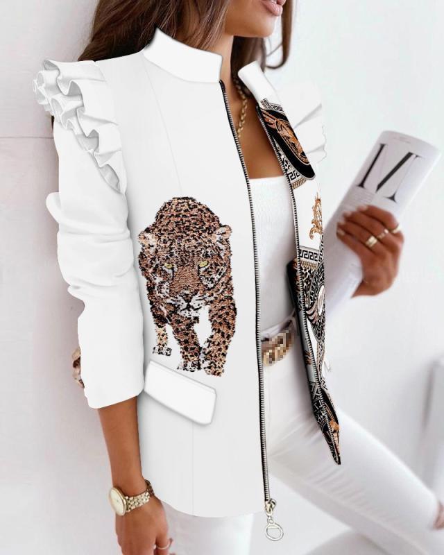 Ruffled Long Sleeve Zipper Print Blazer