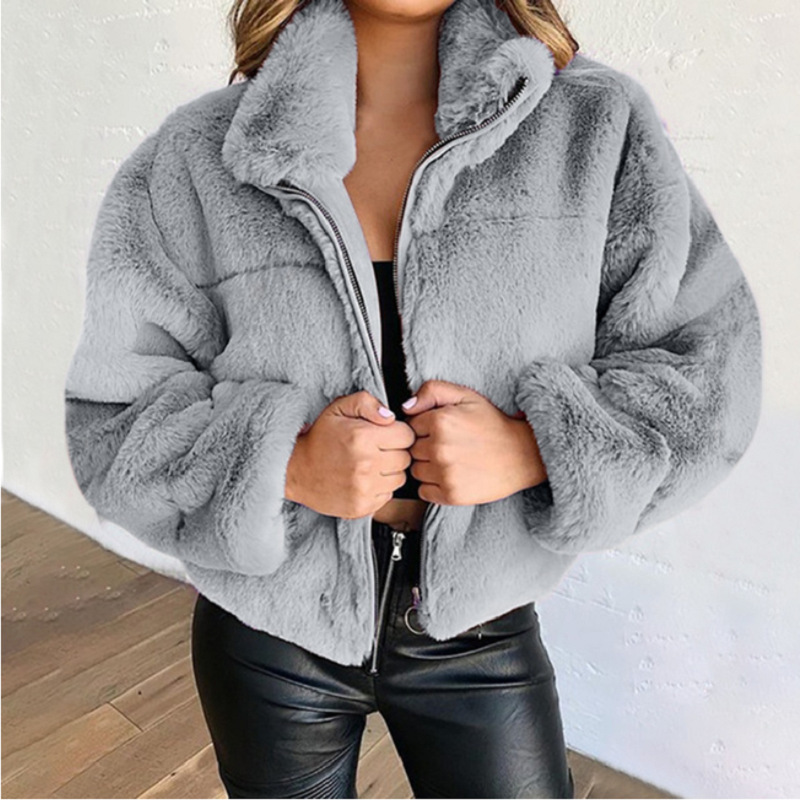 Faux Fur Zip Cardigan Warm Plush Jacket