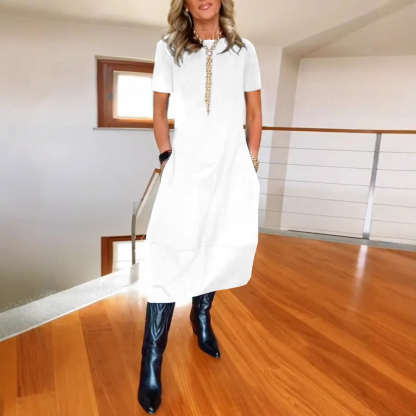 Fall & Winter New Arrival Women's Versatile Solid Color Loose Crew Neck Short Sleeve Dress - Available in Black, White, Burgundy, Green, Brown, Navy Blue & Gray