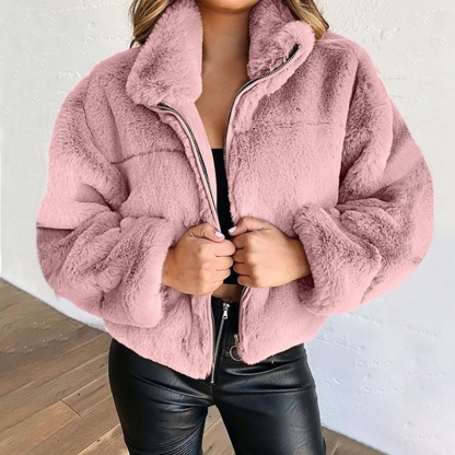 Faux Fur Zip Cardigan Warm Plush Jacket