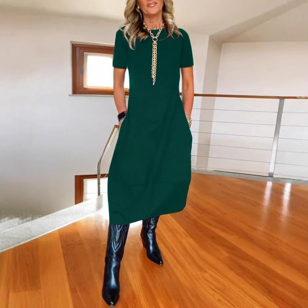 Fall & Winter New Arrival Women's Versatile Solid Color Loose Crew Neck Short Sleeve Dress - Available in Black, White, Burgundy, Green, Brown, Navy Blue & Gray