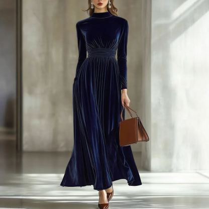Women's New Fall & Winter Velvet Long Sleeve Dress - Waist-Slimming Elegant Flared Maxi Gown - Available in Caramel, Dark Blue, Black & Deep Red