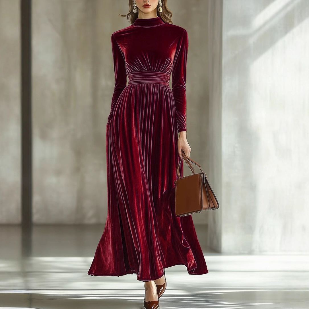 Women's New Fall & Winter Velvet Long Sleeve Dress - Waist-Slimming Elegant Flared Maxi Gown - Available in Caramel, Dark Blue, Black & Deep Red