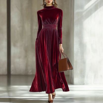 Women's New Fall & Winter Velvet Long Sleeve Dress - Waist-Slimming Elegant Flared Maxi Gown - Available in Caramel, Dark Blue, Black & Deep Red