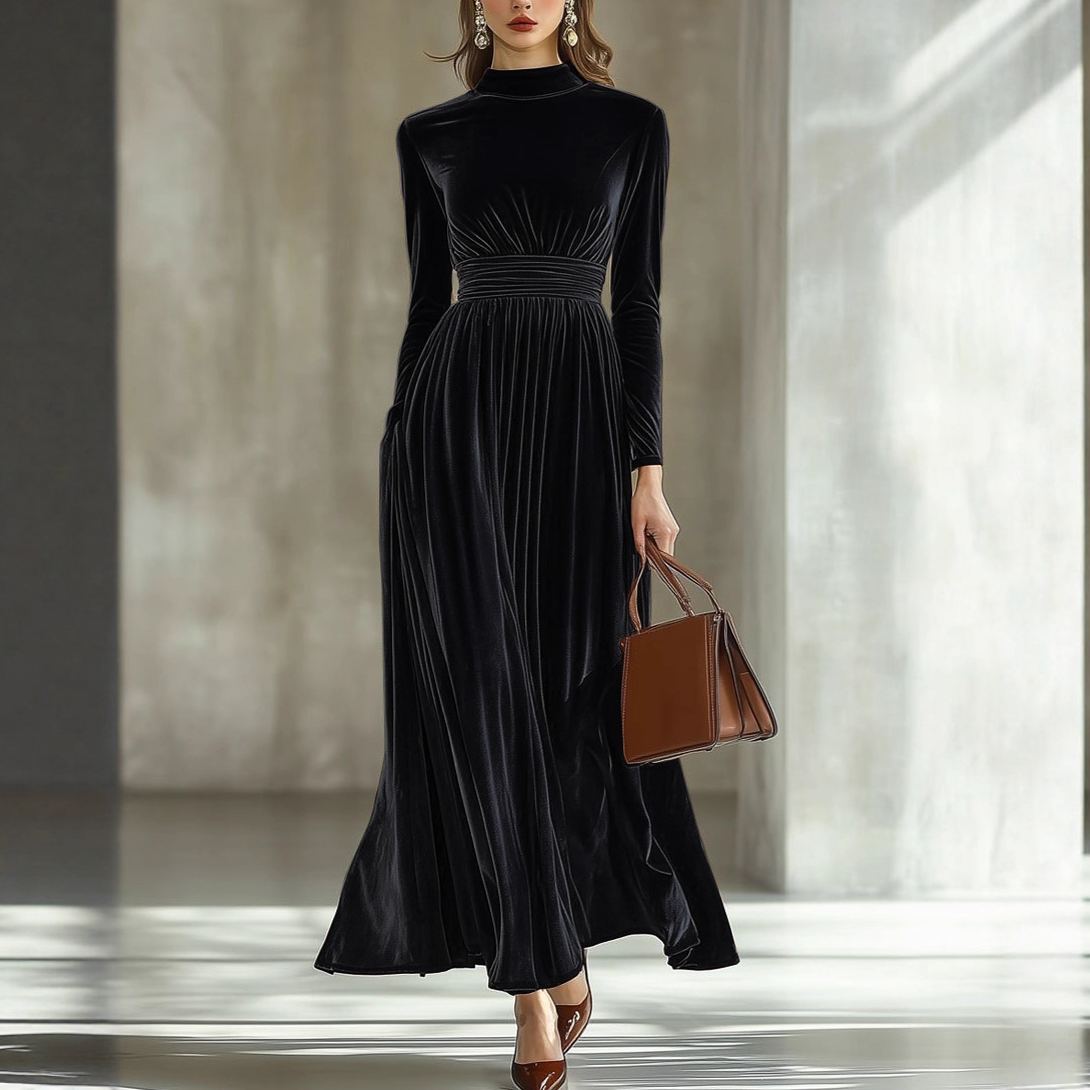 Women's New Fall & Winter Velvet Long Sleeve Dress - Waist-Slimming Elegant Flared Maxi Gown - Available in Caramel, Dark Blue, Black & Deep Red