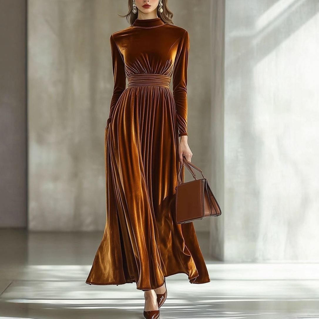 Women's New Fall & Winter Velvet Long Sleeve Dress - Waist-Slimming Elegant Flared Maxi Gown - Available in Caramel, Dark Blue, Black & Deep Red