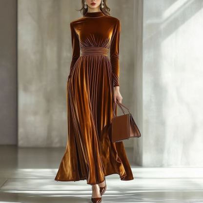 Women's New Fall & Winter Velvet Long Sleeve Dress - Waist-Slimming Elegant Flared Maxi Gown - Available in Caramel, Dark Blue, Black & Deep Red