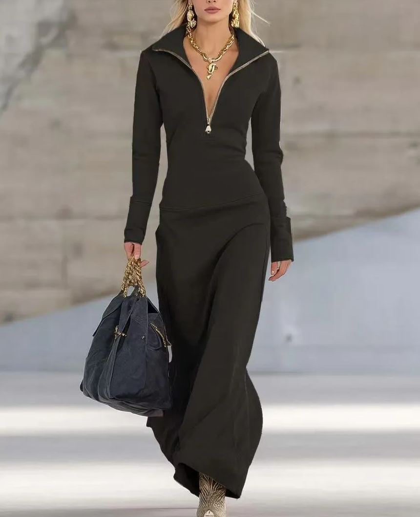 Women's Fall & Winter Zip Polo Collar Slim-Fit Long Sleeve Casual Maxi Dress - Available in Black, Sky Blue, Apricot & Pink