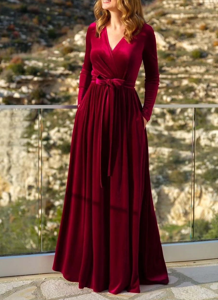 Women's Elegant Velvet Celebrity Style Long V-Neck Bridesmaid Maxi Dress - Available in Black, Burgundy, Blue & Purple