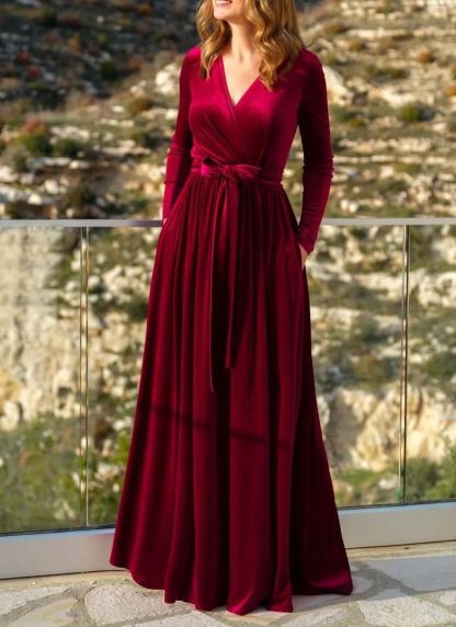 Women's Elegant Velvet Celebrity Style Long V-Neck Bridesmaid Maxi Dress - Available in Black, Burgundy, Blue & Purple