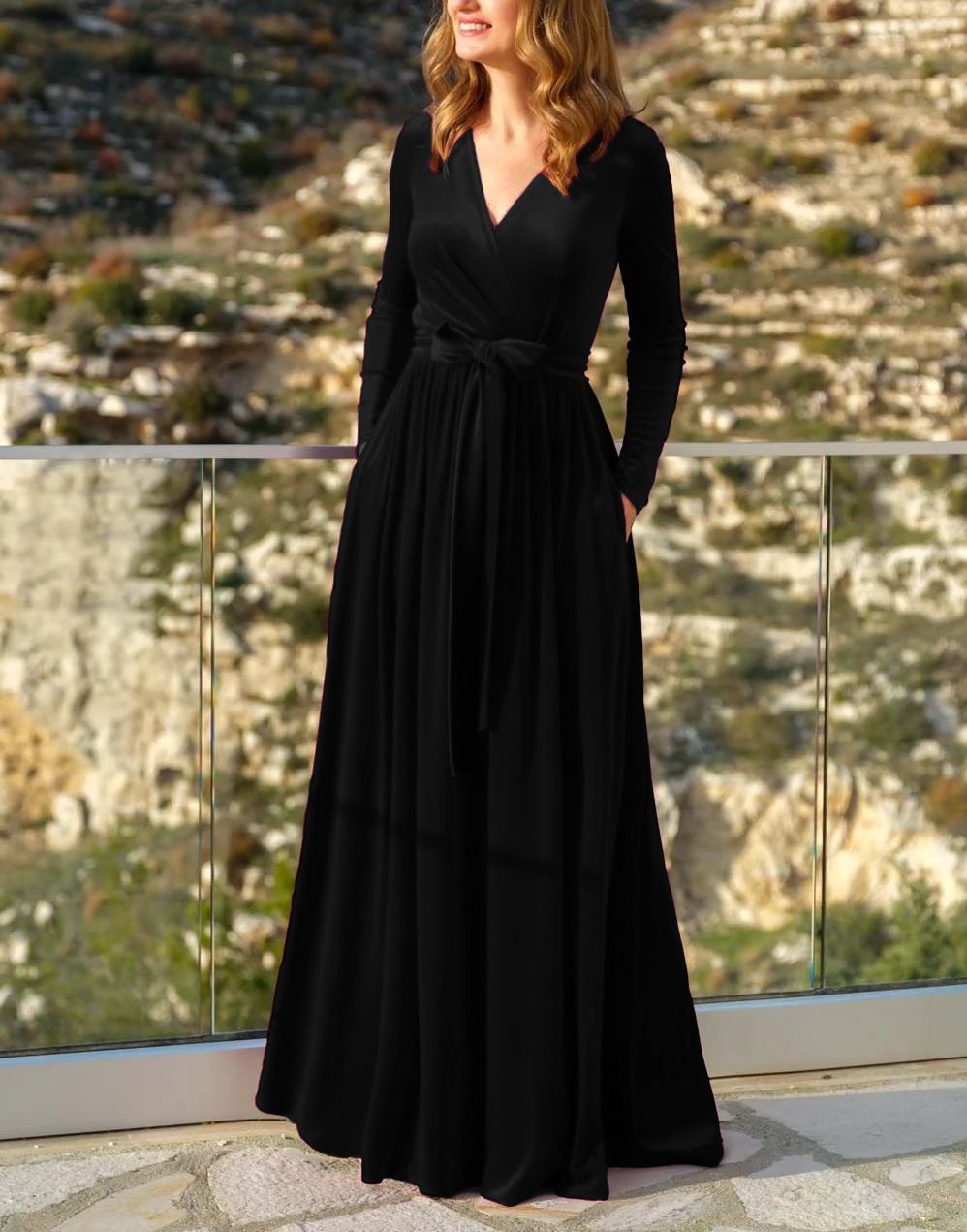 Women's Elegant Velvet Celebrity Style Long V-Neck Bridesmaid Maxi Dress - Available in Black, Burgundy, Blue & Purple