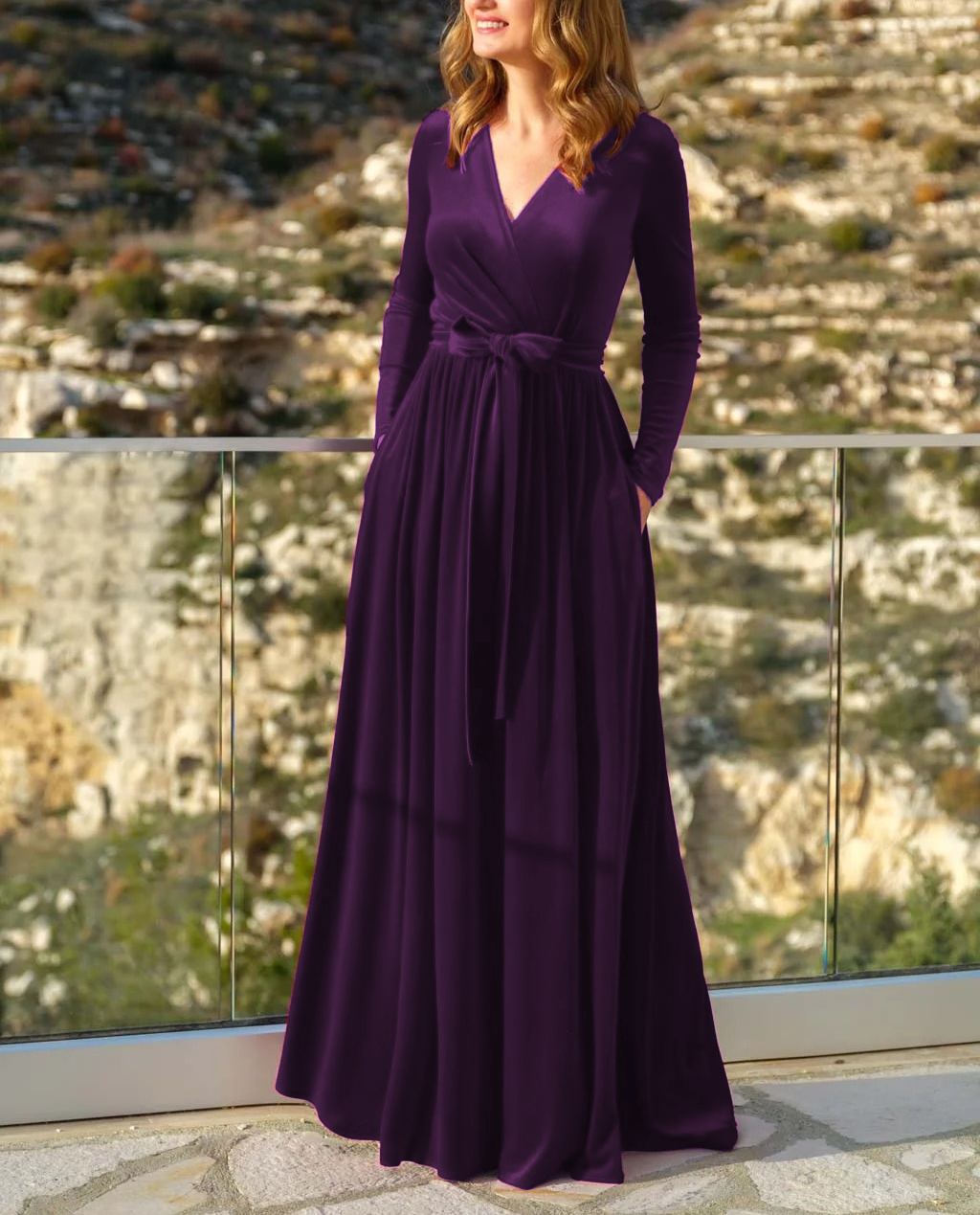 Women's Elegant Velvet Celebrity Style Long V-Neck Bridesmaid Maxi Dress - Available in Black, Burgundy, Blue & Purple