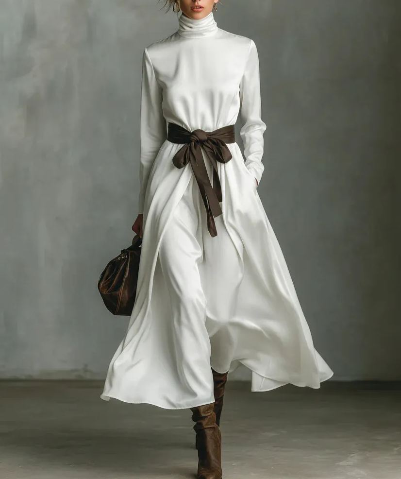 Women's Fashion Turtleneck Long-Sleeve Midi Dress With Contrast Belt (Available in White/Emerald Green)