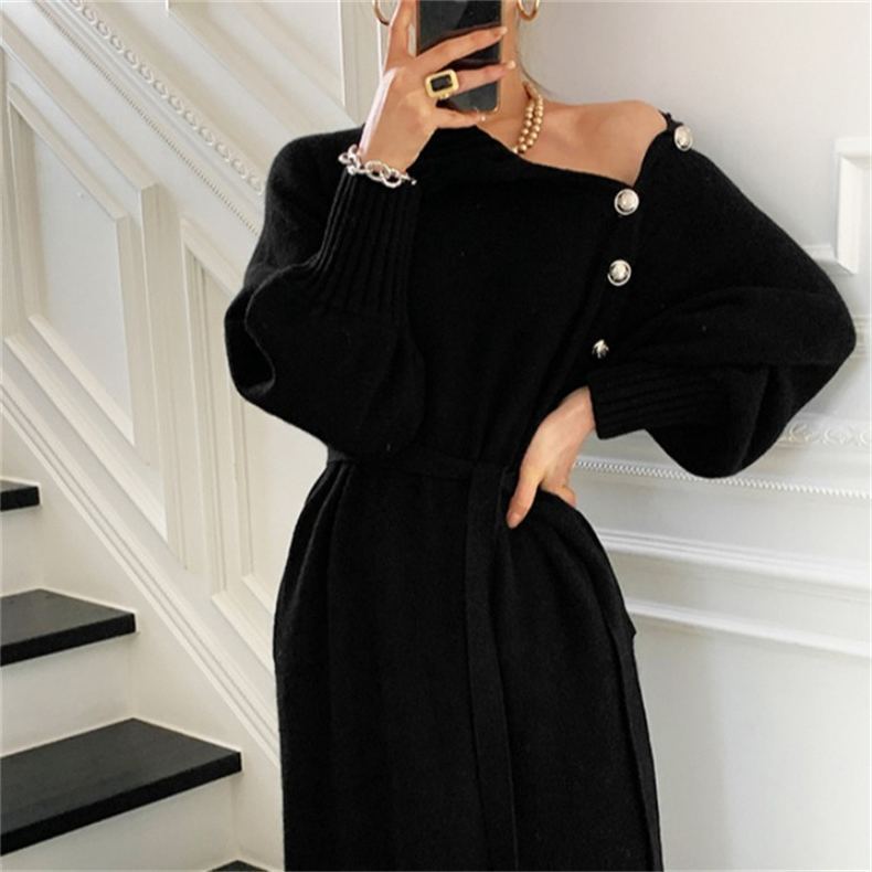 Women's Knit Sweater Dress - Belted Long Sleeve Lapel Midi Dress with Buttons for Fall & Winter