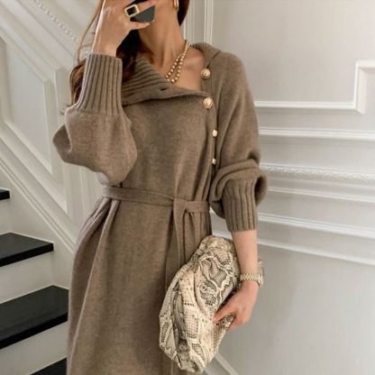 Women's Knit Sweater Dress - Belted Long Sleeve Lapel Midi Dress with Buttons for Fall & Winter