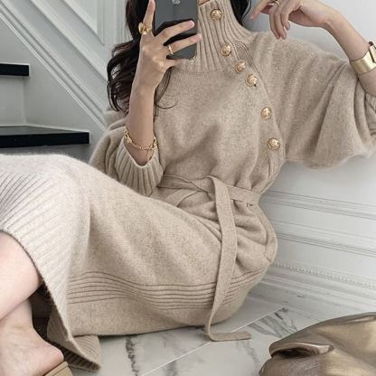 Women's Knit Sweater Dress - Belted Long Sleeve Lapel Midi Dress with Buttons for Fall & Winter