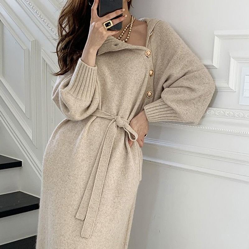 Women's Knit Sweater Dress - Belted Long Sleeve Lapel Midi Dress with Buttons for Fall & Winter