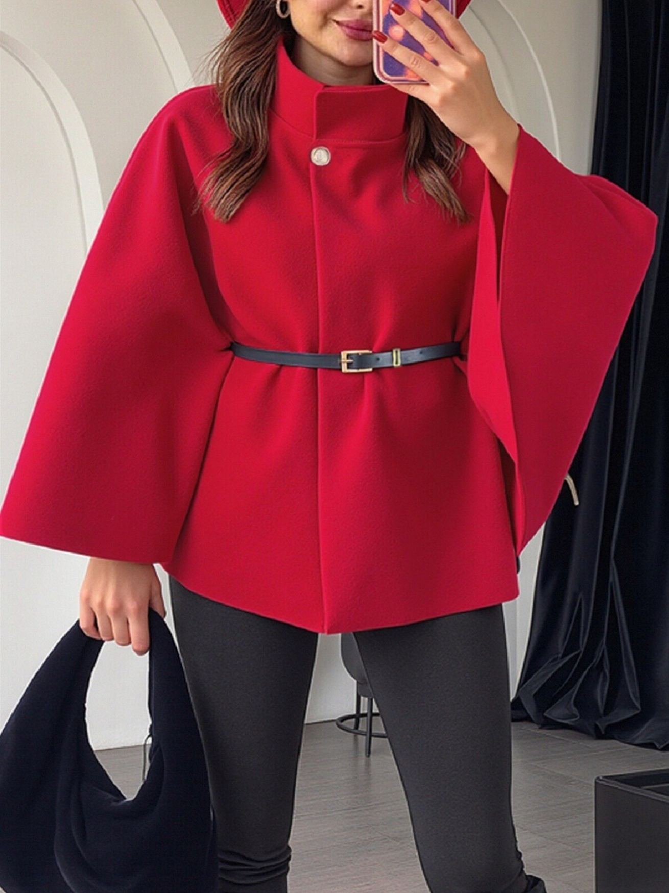 Women's Winter Fashion Elegant Solid Wool Cape Coat with Waist Tie Belt - Available in Black/Wine Red/Apricot/Light Gray/Bright Red/Denim Blue/Brown/Red Coffee/Rose Red/Pink/Army Green