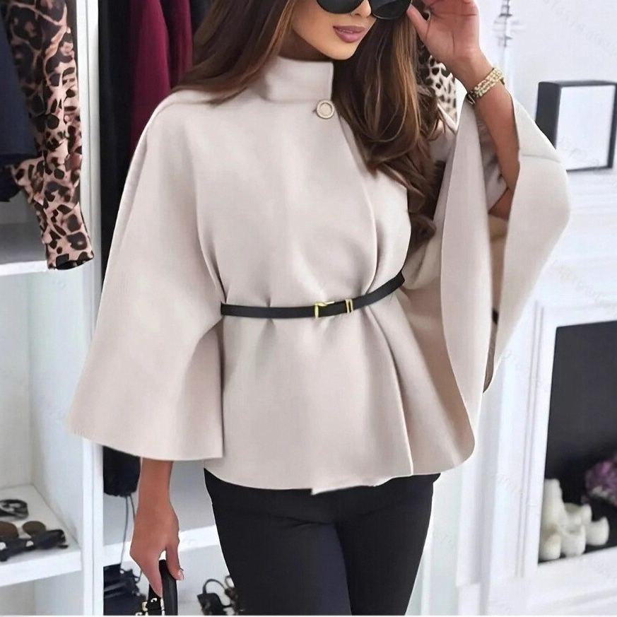 Women's Winter Fashion Elegant Solid Wool Cape Coat with Waist Tie Belt - Available in Black/Wine Red/Apricot/Light Gray/Bright Red/Denim Blue/Brown/Red Coffee/Rose Red/Pink/Army Green