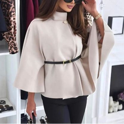 Women's Winter Fashion Elegant Solid Wool Cape Coat with Waist Tie Belt - Available in Black/Wine Red/Apricot/Light Gray/Bright Red/Denim Blue/Brown/Red Coffee/Rose Red/Pink/Army Green