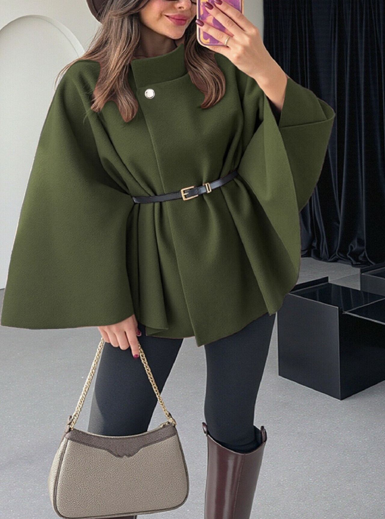 Women's Winter Fashion Elegant Solid Wool Cape Coat with Waist Tie Belt - Available in Black/Wine Red/Apricot/Light Gray/Bright Red/Denim Blue/Brown/Red Coffee/Rose Red/Pink/Army Green