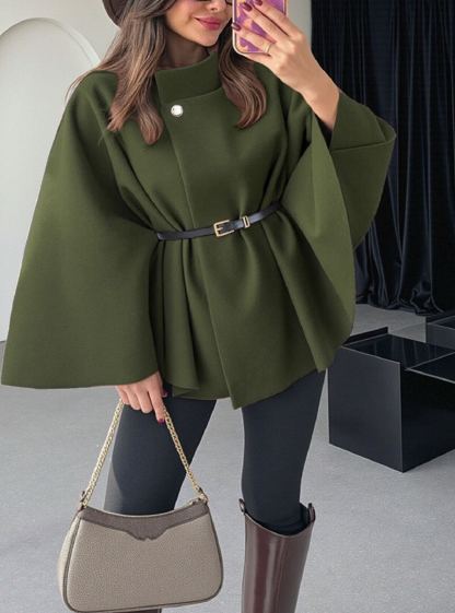 Women's Winter Fashion Elegant Solid Wool Cape Coat with Waist Tie Belt - Available in Black/Wine Red/Apricot/Light Gray/Bright Red/Denim Blue/Brown/Red Coffee/Rose Red/Pink/Army Green