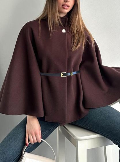 Women's Winter Fashion Elegant Solid Wool Cape Coat with Waist Tie Belt - Available in Black/Wine Red/Apricot/Light Gray/Bright Red/Denim Blue/Brown/Red Coffee/Rose Red/Pink/Army Green