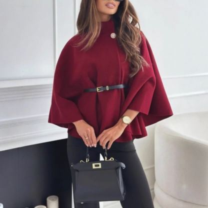 Women's Winter Fashion Elegant Solid Wool Cape Coat with Waist Tie Belt - Available in Black/Wine Red/Apricot/Light Gray/Bright Red/Denim Blue/Brown/Red Coffee/Rose Red/Pink/Army Green