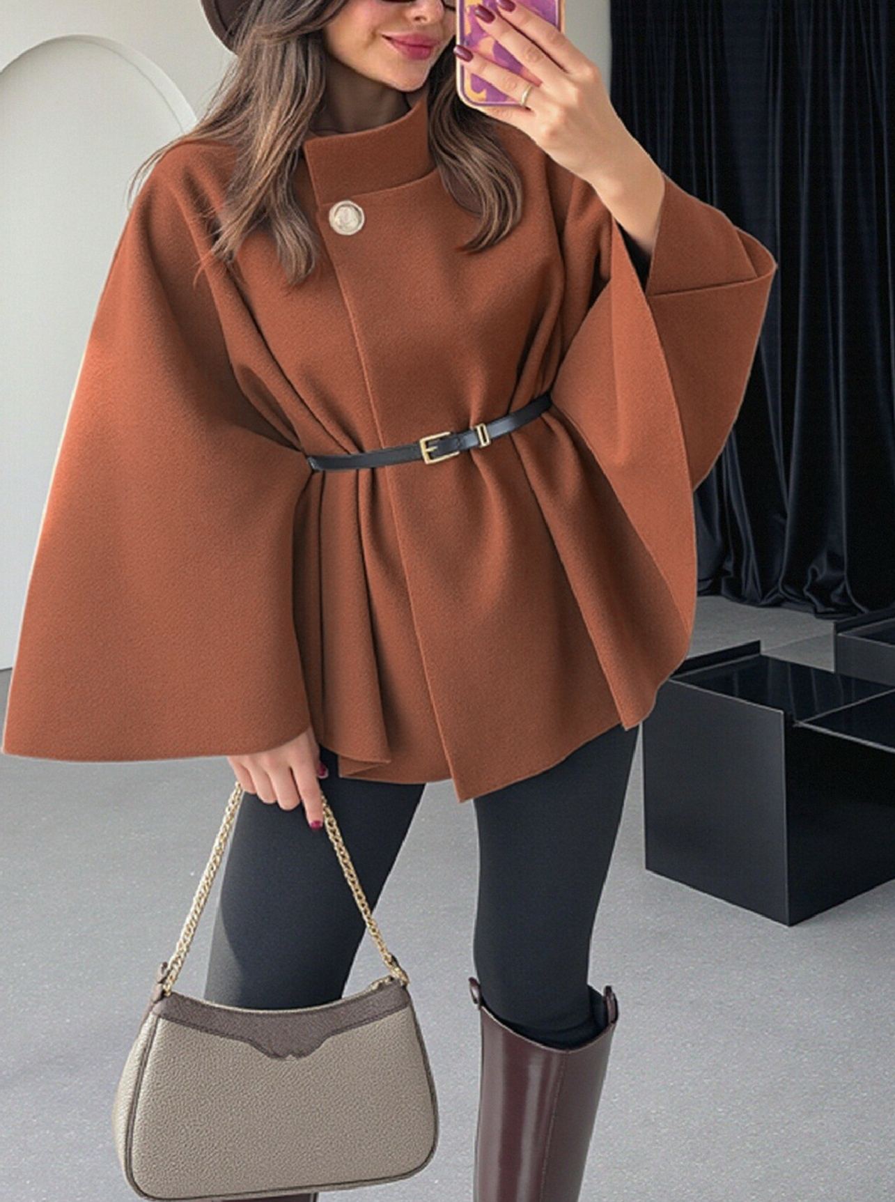 Women's Winter Fashion Elegant Solid Wool Cape Coat with Waist Tie Belt - Available in Black/Wine Red/Apricot/Light Gray/Bright Red/Denim Blue/Brown/Red Coffee/Rose Red/Pink/Army Green