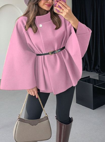 Women's Winter Fashion Elegant Solid Wool Cape Coat with Waist Tie Belt - Available in Black/Wine Red/Apricot/Light Gray/Bright Red/Denim Blue/Brown/Red Coffee/Rose Red/Pink/Army Green