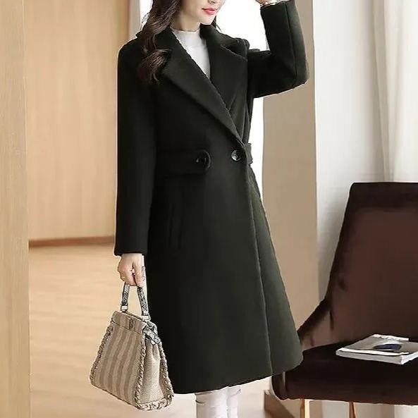 2025 Autumn Winter Korean Style Women's Mid-Length Slim-Fitting Figure-Flattering Wool Blend Coat - Women's Woolen Overcoat (Red/Khaki/Camel/Black/Pink/Lotus Root Color)