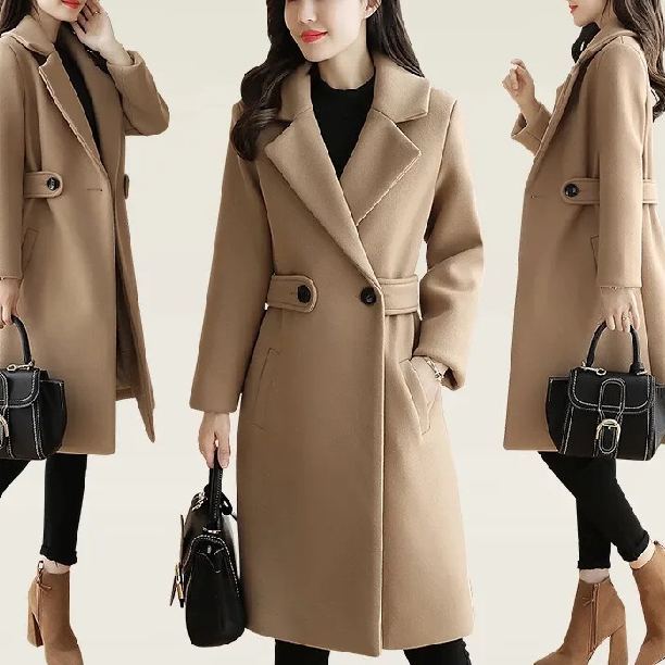 2025 Autumn Winter Korean Style Women's Mid-Length Slim-Fitting Figure-Flattering Wool Blend Coat - Women's Woolen Overcoat (Red/Khaki/Camel/Black/Pink/Lotus Root Color)