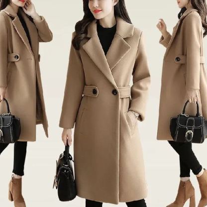 2025 Autumn Winter Korean Style Women's Mid-Length Slim-Fitting Figure-Flattering Wool Blend Coat - Women's Woolen Overcoat (Red/Khaki/Camel/Black/Pink/Lotus Root Color)